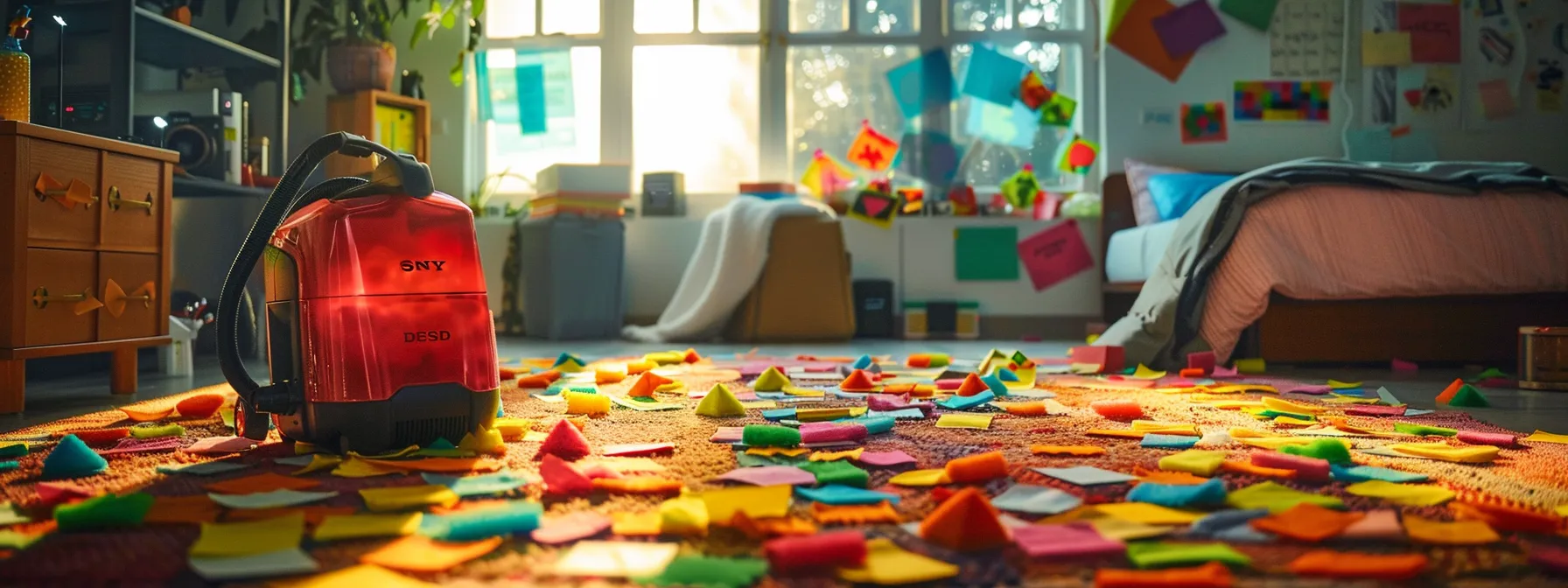 a colorful carpet cleaner surrounded by various creative and catchy slogan ideas written on sticky notes. a colorful carpet cleaner surrounded by various creative and catchy slogan ideas written on sticky notes.