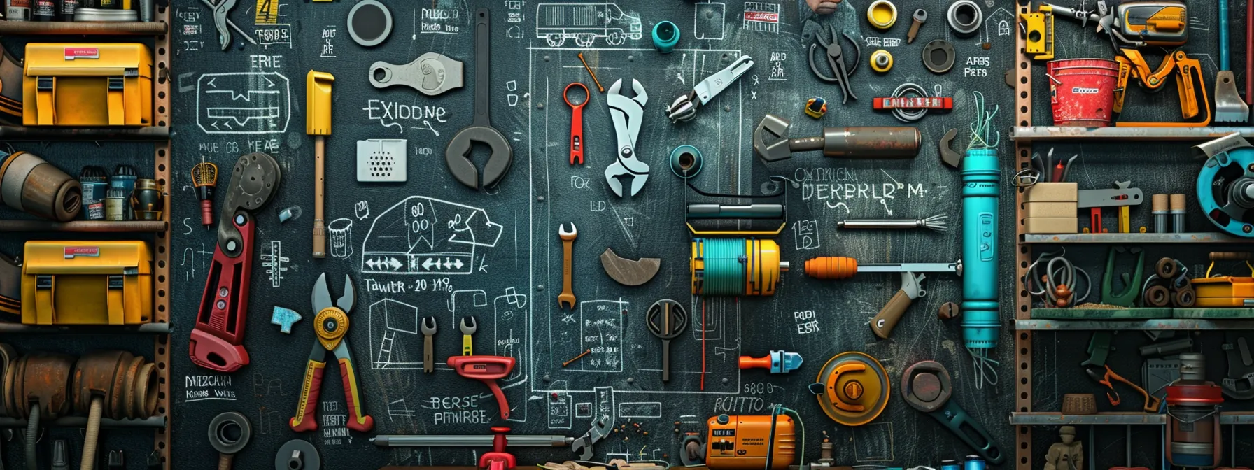 a colorful collage of catchy, clever, and creative handyman slogans displayed on a blackboard surrounded by tools and construction materials. a colorful collage of catchy, clever, and creative handyman slogans displayed on a blackboard surrounded by tools and construction materials.