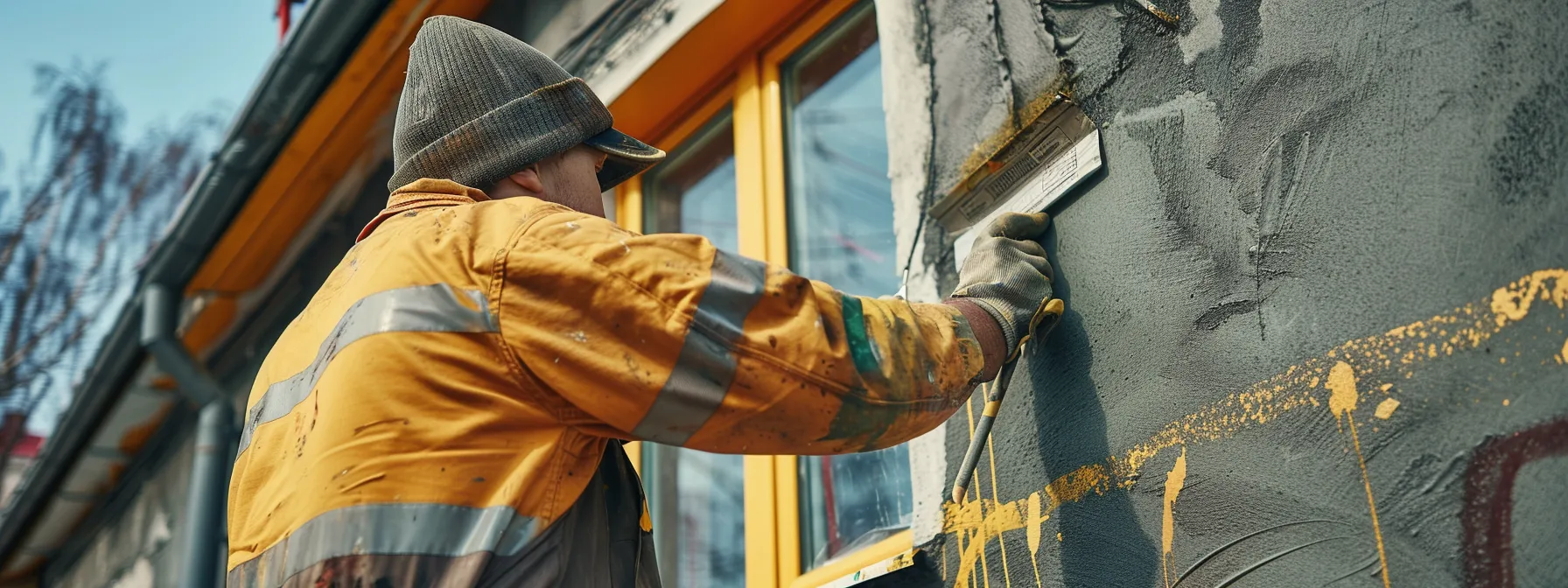 a craftsman carefully painting a bold and impactful slogan on the side of a house under repair. a craftsman carefully painting a bold and impactful slogan on the side of a house under repair.