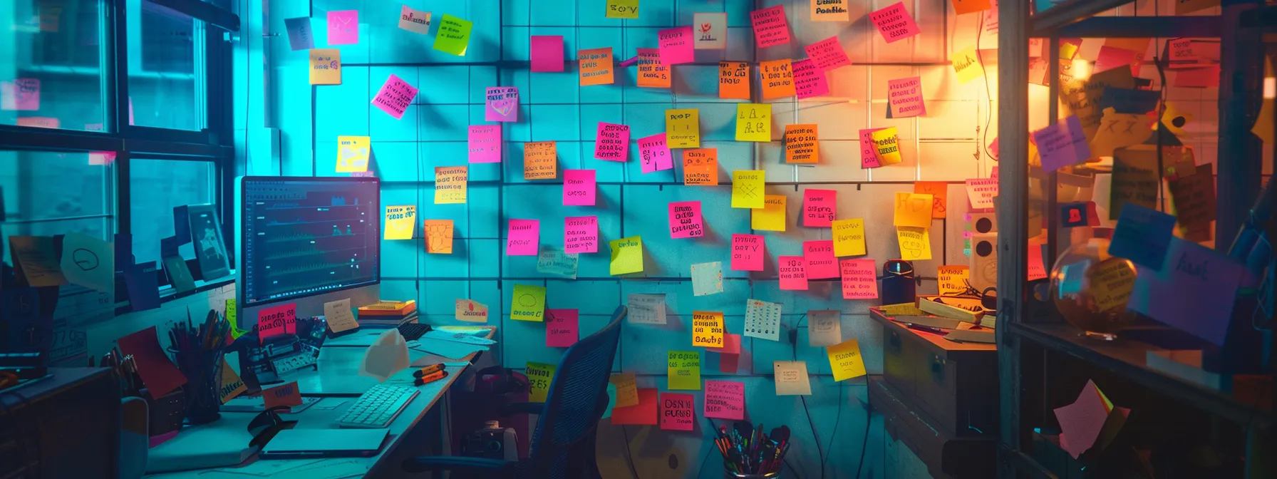 a creative team brainstorming session surrounded by colorful sticky notes filled with catchy appliance repair slogan ideas. a creative team brainstorming session surrounded by colorful sticky notes filled with catchy appliance repair slogan ideas.