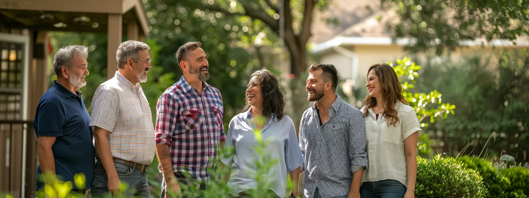 a diverse group of homeowners, ranging in ages and backgrounds, smiling and chatting in a beautifully landscaped backyard, showcasing the success of demographic-focused lawn care advertising. a diverse group of homeowners, ranging in ages and backgrounds, smiling and chatting in a beautifully landscaped backyard, showcasing the success of demographic-focused lawn care advertising.