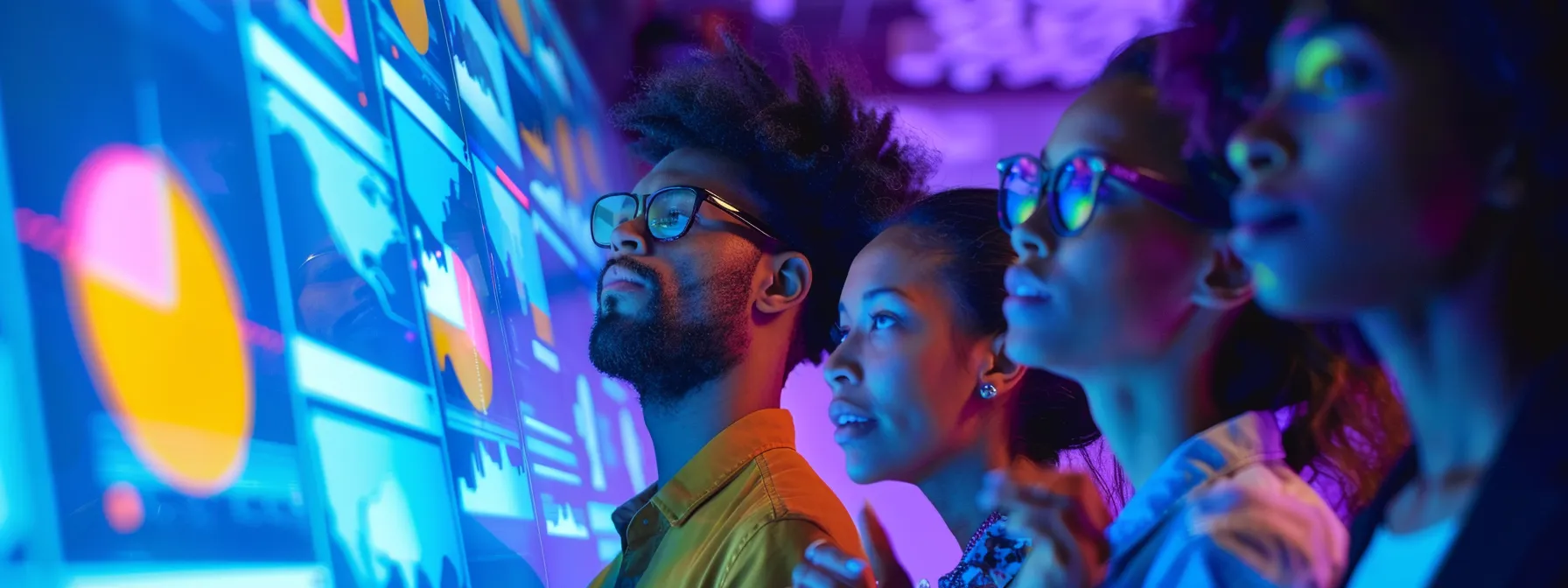 a diverse group of people of different ages and backgrounds gathered around a digital screen displaying graphs and data analytics related to advertising success among demographics. a diverse group of people of different ages and backgrounds gathered around a digital screen displaying graphs and data analytics related to advertising success among demographics.