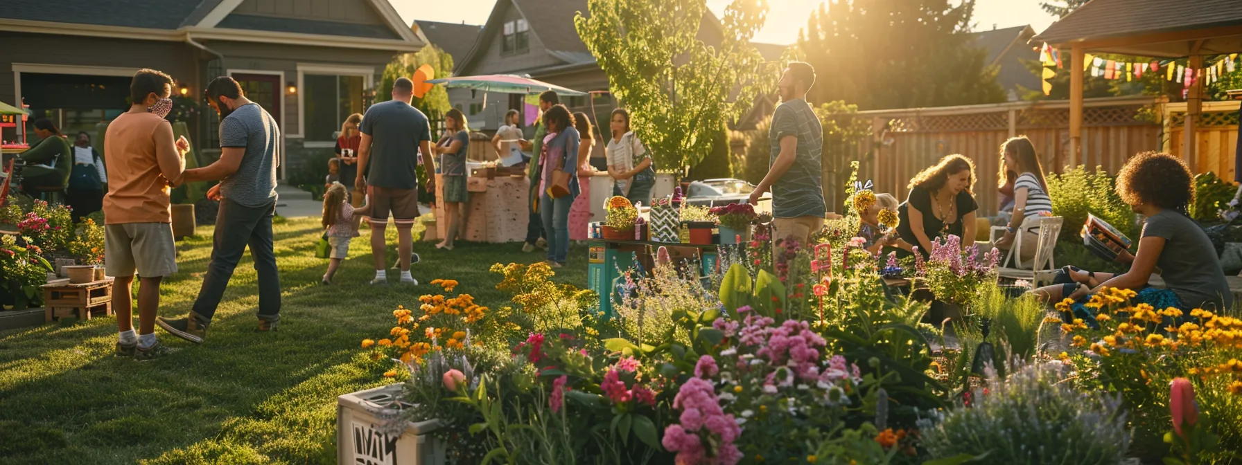 a diverse group of people of different ages and income levels gathering in a vibrant neighborhood setting, surrounded by lush lawns and colorful flowers, engaging with customized marketing materials tailored to their demographic specifics. a diverse group of people of different ages and income levels gathering in a vibrant neighborhood setting, surrounded by lush lawns and colorful flowers, engaging with customized marketing materials tailored to their demographic specifics.