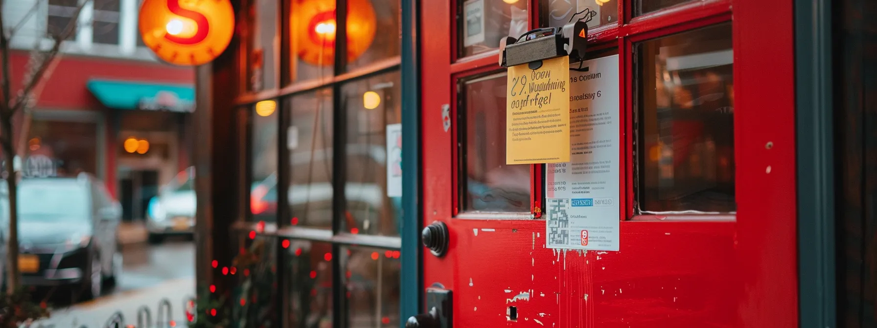 a flyer and door hanger design with bold colors and clear messaging hanging on a bright red door, catching the attention of potential customers passing by. a flyer and door hanger design with bold colors and clear messaging hanging on a bright red door, catching the attention of potential customers passing by.