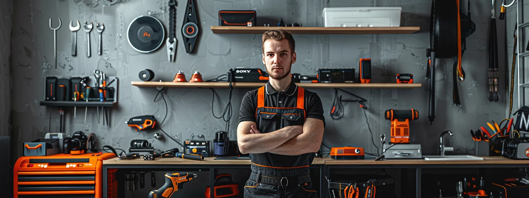 a focused repair technician, standing confidently next to a neatly arranged set of tools and diagnostic equipment, showcasing a slogan banner with bold, eye-catching graphics. a focused repair technician, standing confidently next to a neatly arranged set of tools and diagnostic equipment, showcasing a slogan banner with bold, eye-catching graphics.