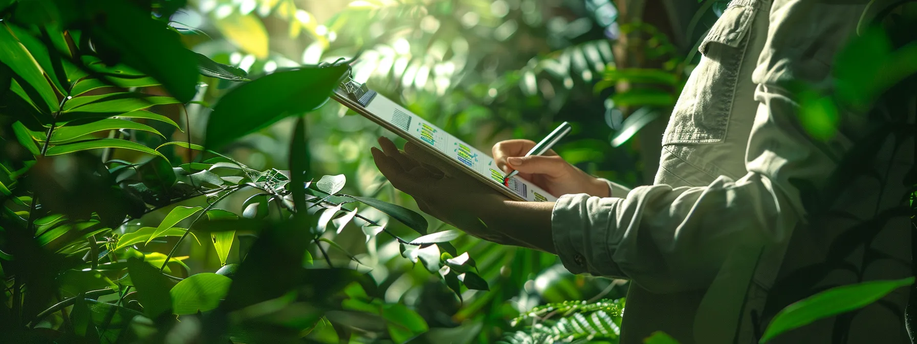 a person holding a clipboard, analyzing a tree care slogan displayed on a digital screen surrounded by greenery. a person holding a clipboard, analyzing a tree care slogan displayed on a digital screen surrounded by greenery.
