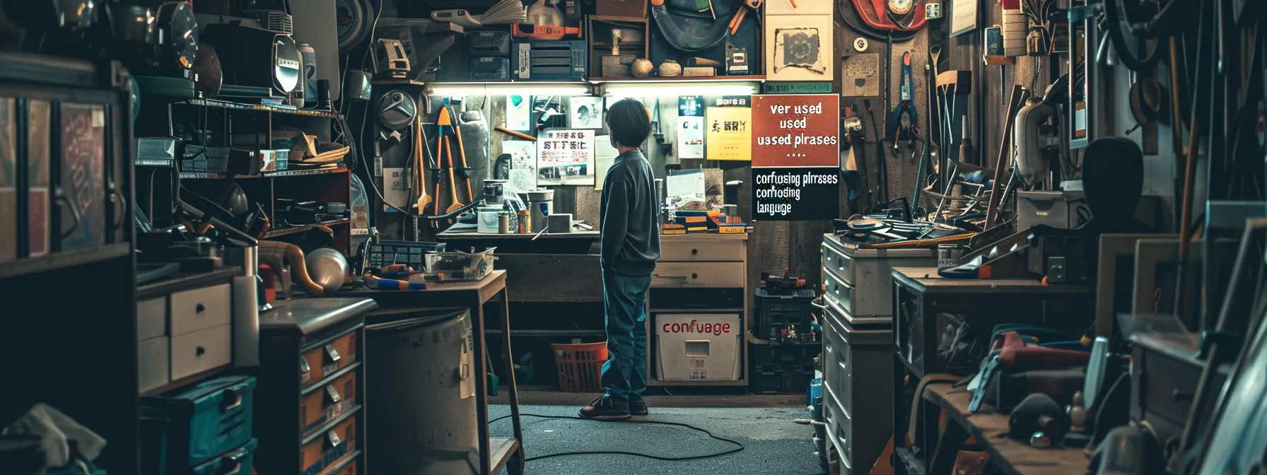 a person standing in a cluttered workshop, surrounded by generic tools and materials, struggling to choose between a toolbox labeled a person standing in a cluttered workshop, surrounded by generic tools and materials, struggling to choose between a toolbox labeled