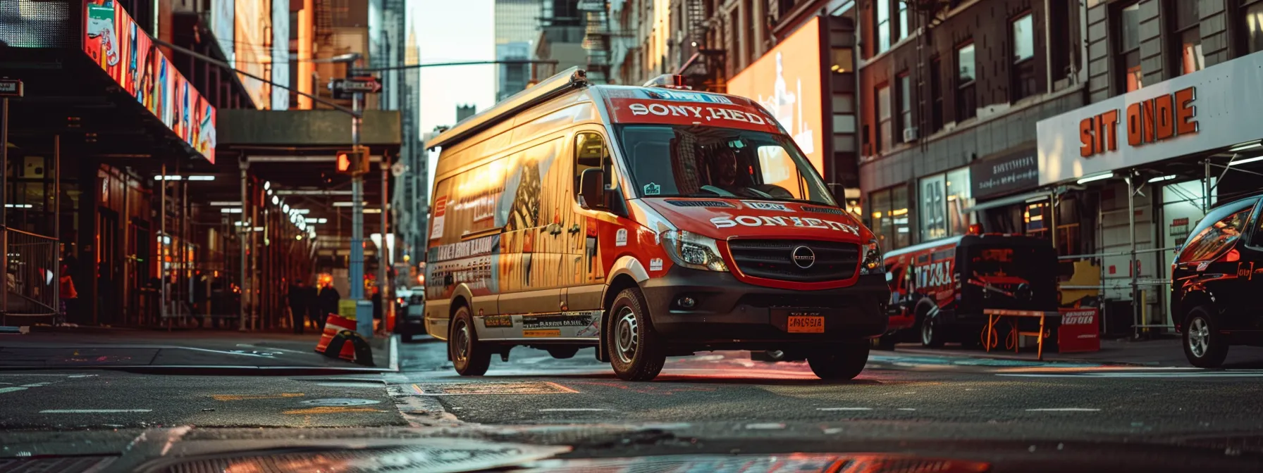 a skilled handyman proudly displaying his slogan on a vibrant company vehicle as he drives through a bustling city street. a skilled handyman proudly displaying his slogan on a vibrant company vehicle as he drives through a bustling city street.