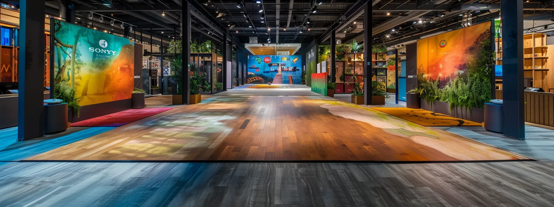 a spacious showroom displaying a vibrant banner with a catchy flooring slogan, surrounded by eco-friendly floor samples showcasing innovative advertising concepts. a spacious showroom displaying a vibrant banner with a catchy flooring slogan, surrounded by eco-friendly floor samples showcasing innovative advertising concepts.