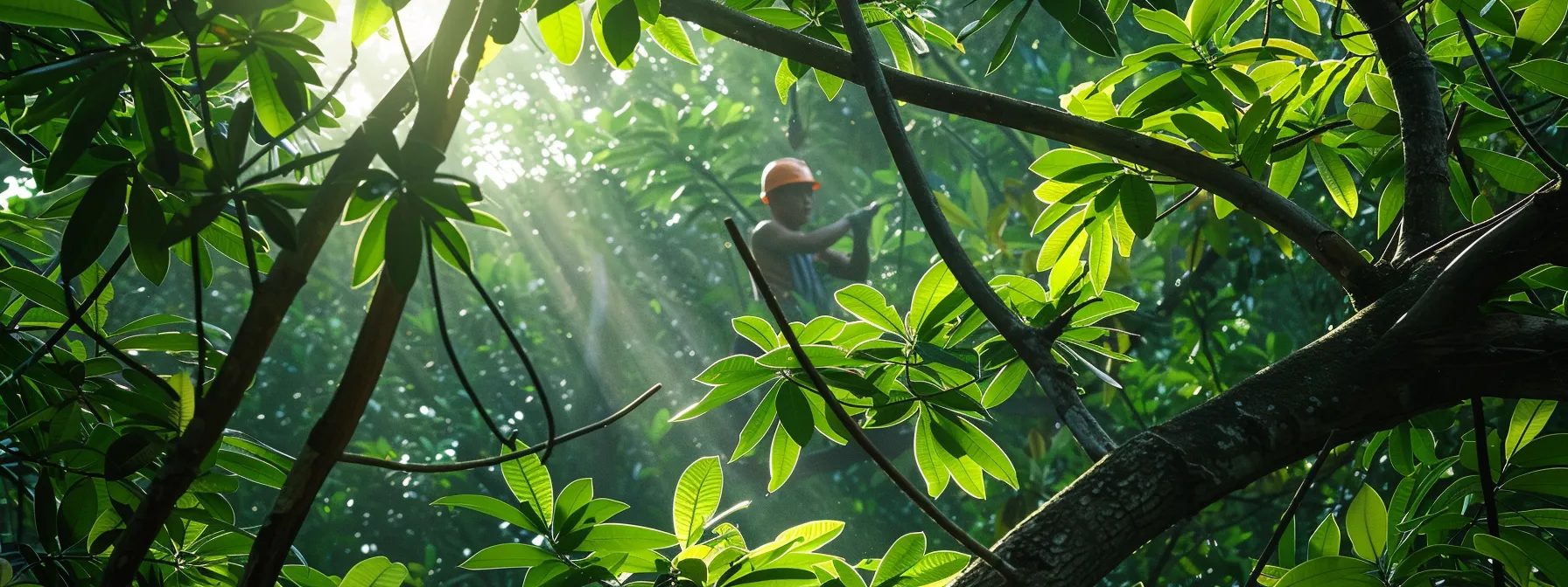 a tree surgeon confidently trimming branches with precision against a backdrop of lush green foliage. a tree surgeon confidently trimming branches with precision against a backdrop of lush green foliage.