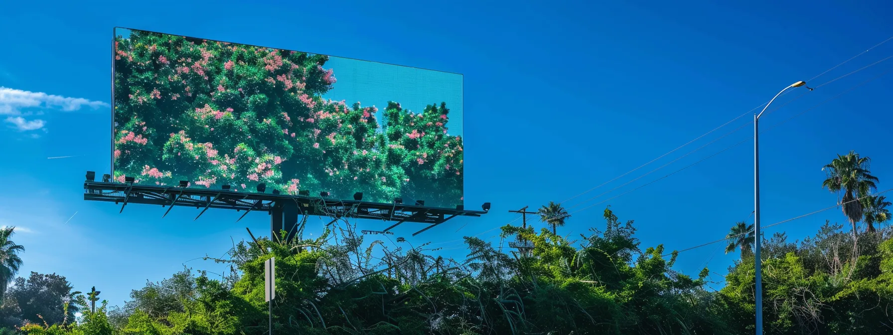 a vibrant, eye-catching billboard with a tree care company's tagline prominently displayed, surrounded by lush greenery and clear blue skies. a vibrant, eye-catching billboard with a tree care company's tagline prominently displayed, surrounded by lush greenery and clear blue skies.