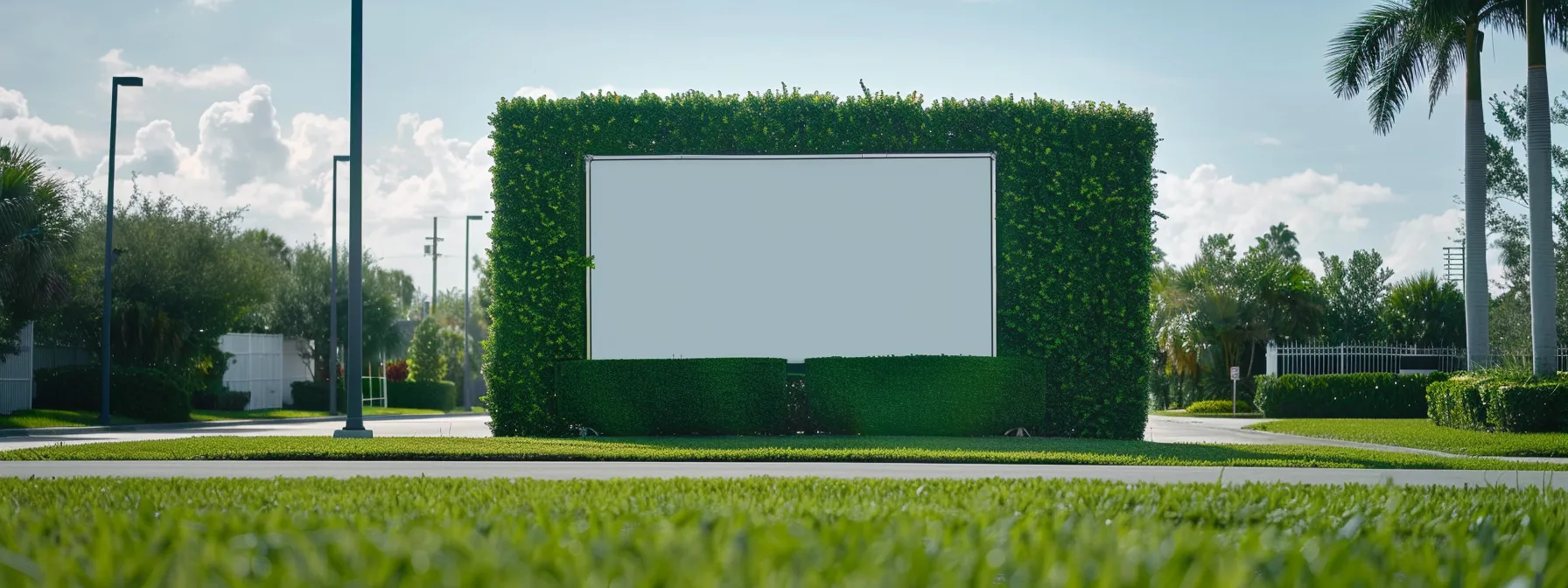 a vibrant green lawn with a neatly trimmed hedge in the background, showcasing a targeted ad for lawn care services on a billboard. a vibrant green lawn with a neatly trimmed hedge in the background, showcasing a targeted ad for lawn care services on a billboard.