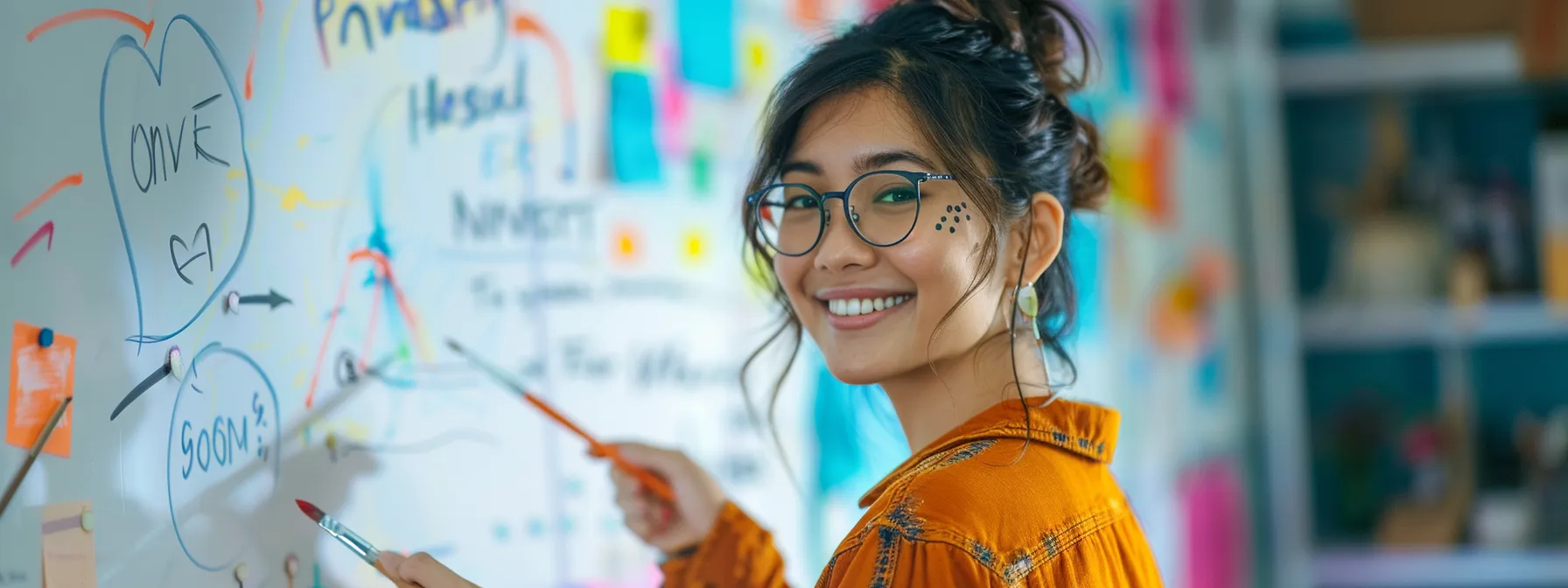 a woman holding a paintbrush with a smile, surrounded by colorful home renovation slogans written on a whiteboard. a woman holding a paintbrush with a smile, surrounded by colorful home renovation slogans written on a whiteboard.