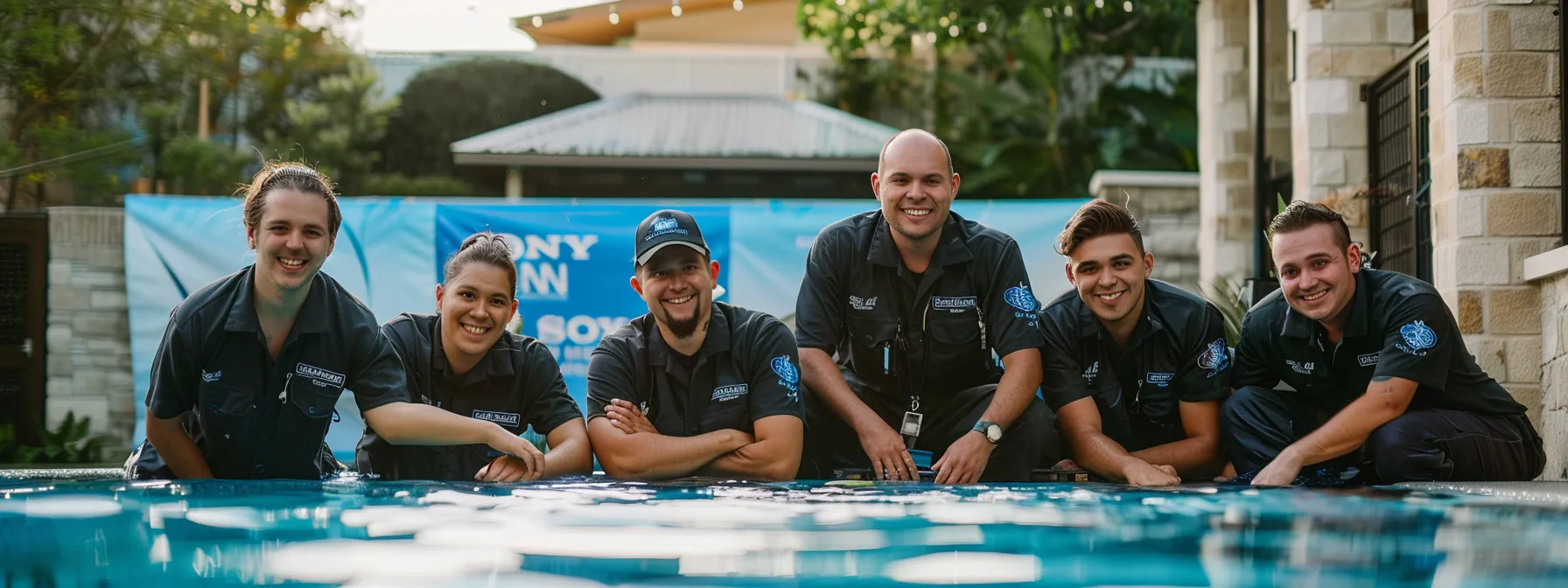 a group of smiling pool cleaners proudly posing in front of a sparkling pool with a banner displaying their catchy slogan, showcasing the impact of a strong tagline on their business success. a group of smiling pool cleaners proudly posing in front of a sparkling pool with a banner displaying their catchy slogan, showcasing the impact of a strong tagline on their business success.