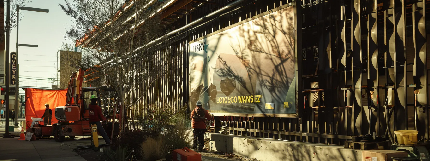 a group of workers installing a sleek, modern fence with a catchy slogan displayed prominently on a sign. a group of workers installing a sleek, modern fence with a catchy slogan displayed prominently on a sign.