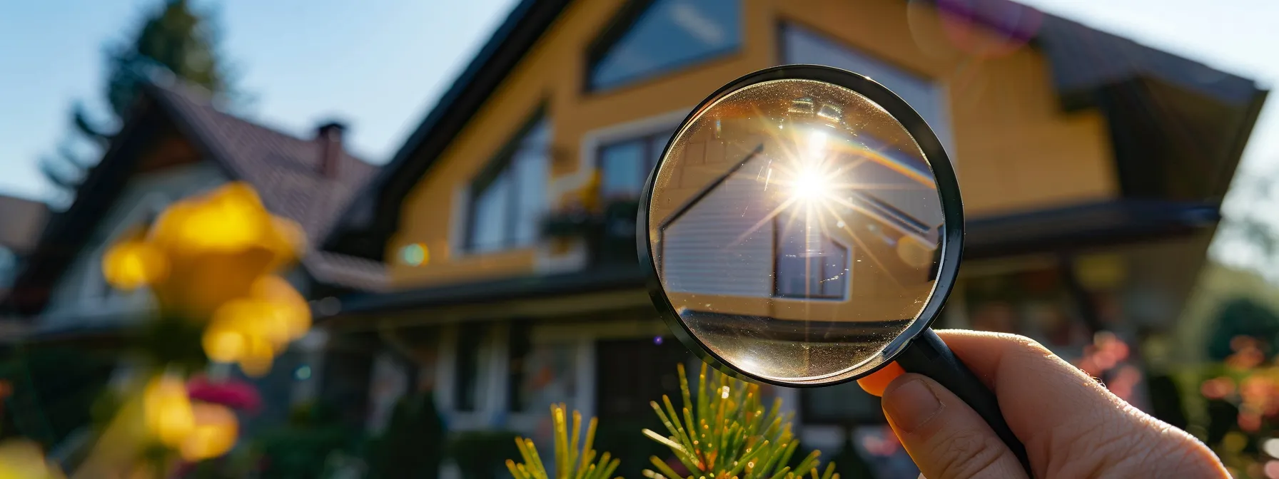 a home inspector holding a magnifying glass, examining a house facade with a bright and innovative slogan displayed prominently. a home inspector holding a magnifying glass, examining a house facade with a bright and innovative slogan displayed prominently.