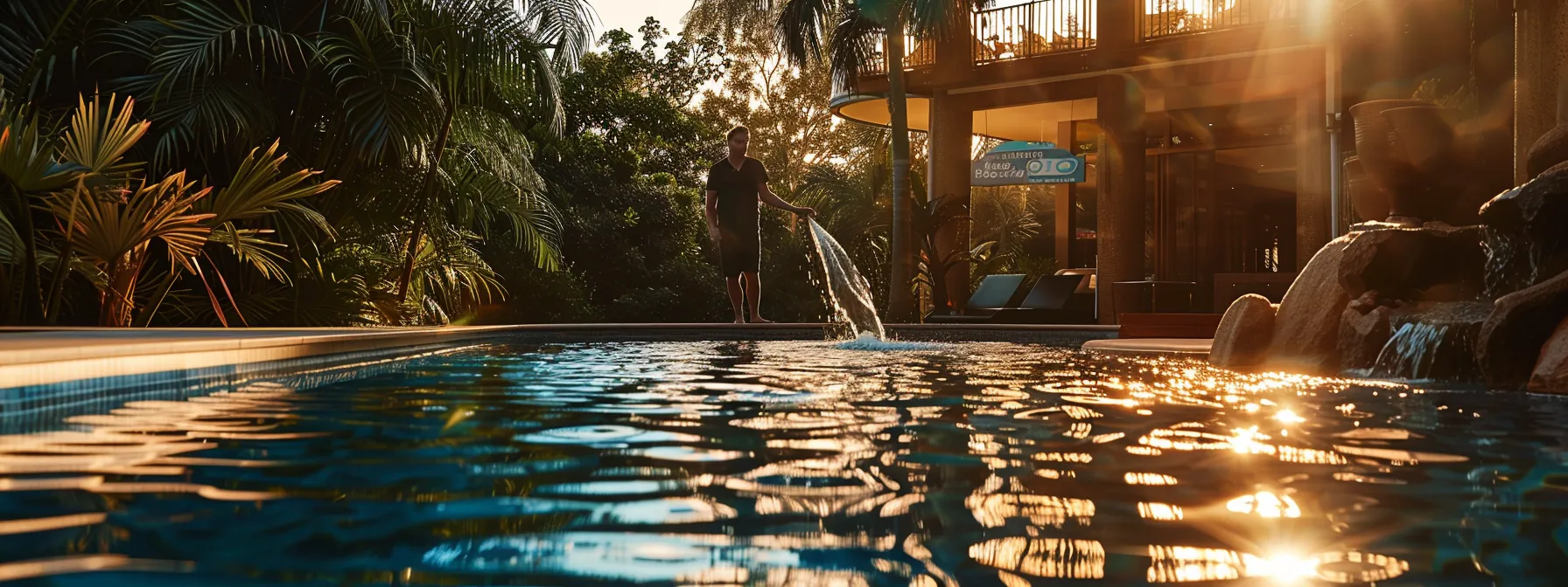 a person standing at a sparkling pool with a catchy slogan displayed on a banner, capturing the essence of professionalism and reliability in a pool cleaning business. a person standing at a sparkling pool with a catchy slogan displayed on a banner, capturing the essence of professionalism and reliability in a pool cleaning business.