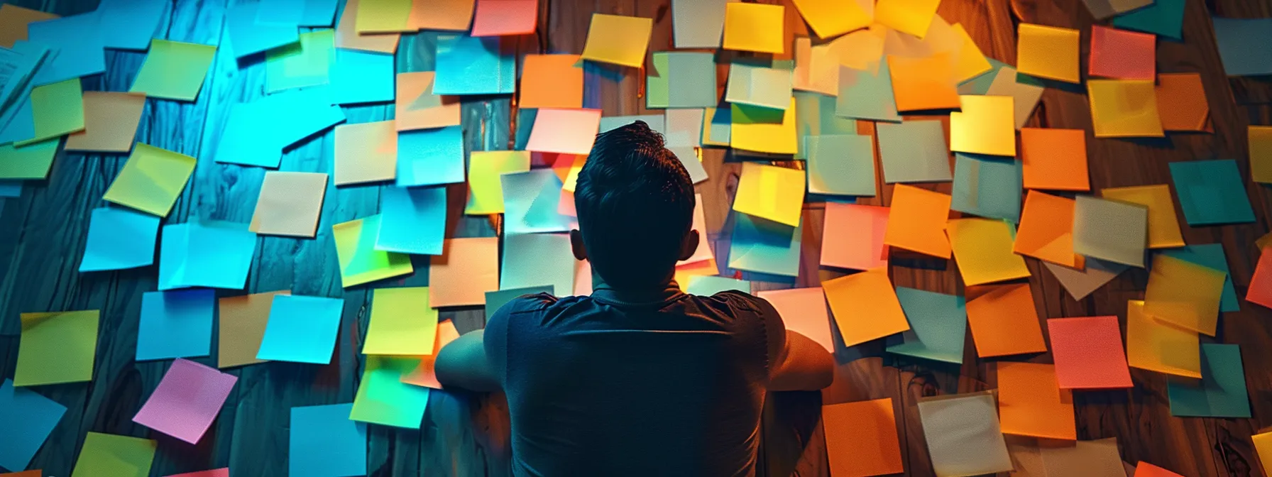 a person surrounded by colorful sticky notes, brainstorming and selecting powerful words for a home inspection slogan. a person surrounded by colorful sticky notes, brainstorming and selecting powerful words for a home inspection slogan.