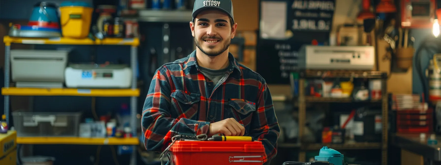 a repair technician confidently holding a toolbox with a slogan board featuring various catchy and memorable appliance repair slogans in the background. a repair technician confidently holding a toolbox with a slogan board featuring various catchy and memorable appliance repair slogans in the background.