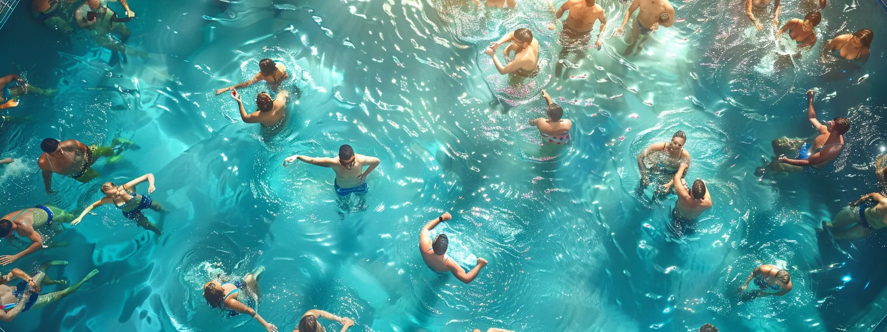 a sparkling pool surrounded by happy swimmers, with a bold, action-packed slogan displayed prominently on a banner. a sparkling pool surrounded by happy swimmers, with a bold, action-packed slogan displayed prominently on a banner.