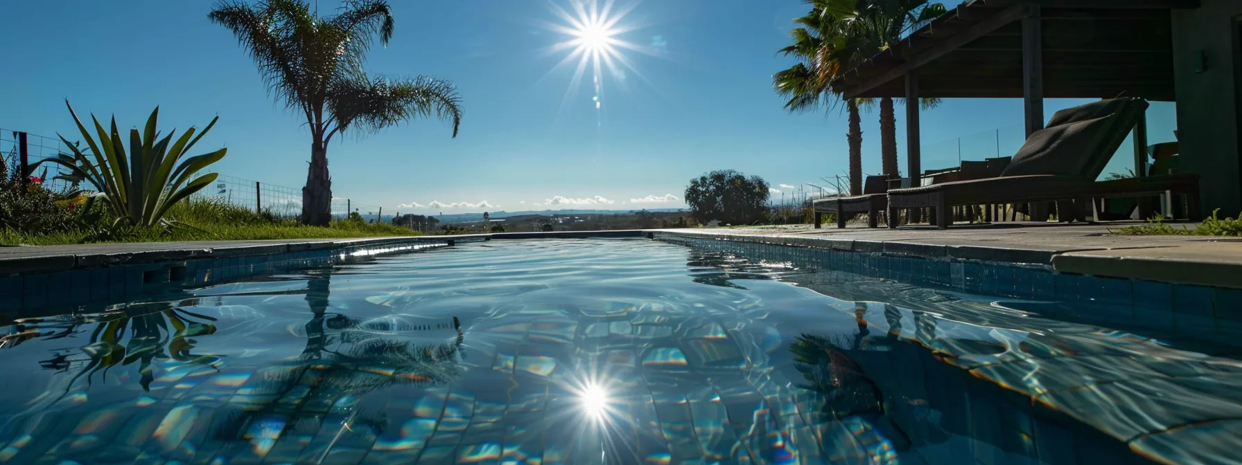 a sparkling pool under the bright sun with a banner reading a sparkling pool under the bright sun with a banner reading